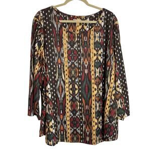 Allison Daley Womens Top 3X Multicolor Ikat Print Embellished 3/4 Sleeve Autumn